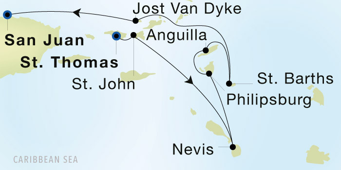 Charlotte Amalie, St. Thomas to San Juan Luxury Cruise Itinerary Map