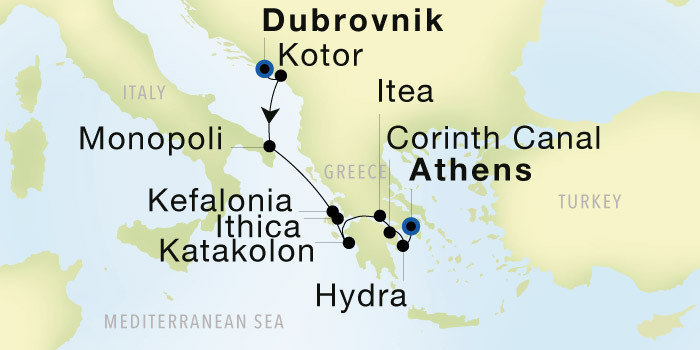 Dubrovnik to Athens (Piraeus) Luxury Cruise Itinerary Map