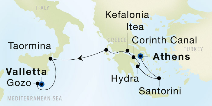 Athens (Piraeus) to Valletta Luxury Cruise Itinerary Map