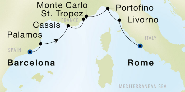 Barcelona to Rome (Civitavecchia) Luxury Cruise Itinerary Map