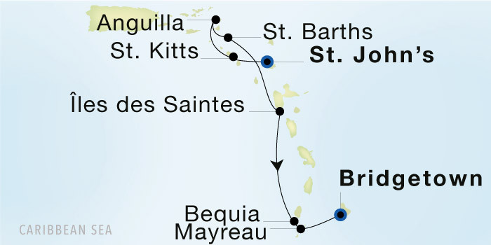 St. John's, Antigua to Bridgetown Luxury Cruise Itinerary Map
