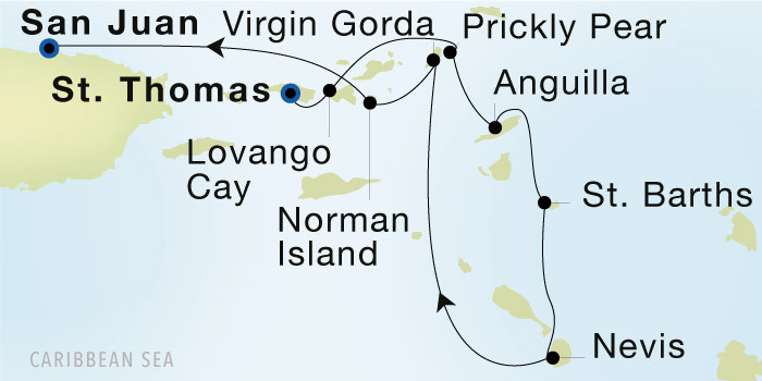 Charlotte Amalie, St. Thomas to San Juan Luxury Cruise Itinerary Map