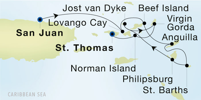 San Juan to Charlotte Amalie, St. Thomas Luxury Cruise Itinerary Map