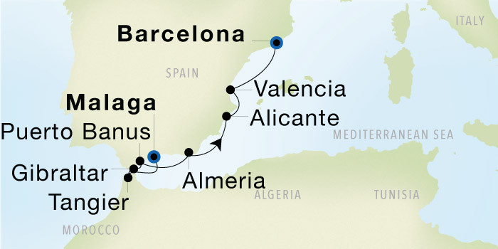 Malaga to Barcelona Luxury Cruise Itinerary Map