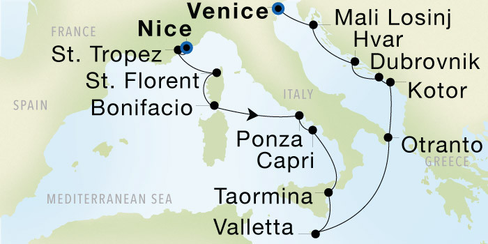 Nice to Venice Luxury Cruise Itinerary Map