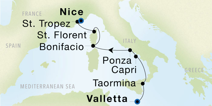 Valletta to Nice Luxury Cruise Itinerary Map