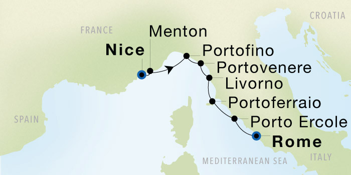 Nice to Rome (Civitavecchia) Luxury Cruise Itinerary Map