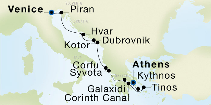 Venice to Athens (Piraeus) Luxury Cruise Itinerary Map