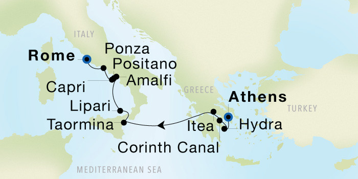 Athens (Piraeus) to Rome (Civitavecchia) Luxury Cruise Itinerary Map