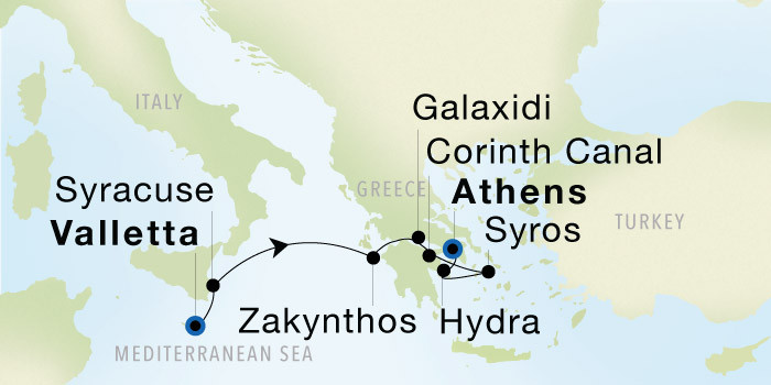 Valletta to Athens (Piraeus) Luxury Cruise Itinerary Map