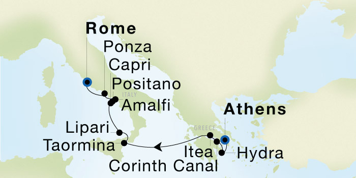 Athens (Piraeus) to Rome (Civitavecchia) Luxury Cruise Itinerary Map