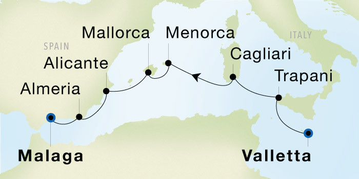 Valletta to Malaga Luxury Cruise Itinerary Map