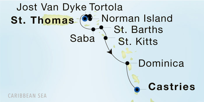 Charlotte Amalie, St. Thomas to Castries St. Lucia Luxury Cruise Itinerary Map
