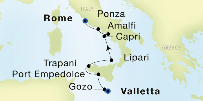 Valletta to Rome (Civitavecchia) Luxury Cruise Itinerary Map