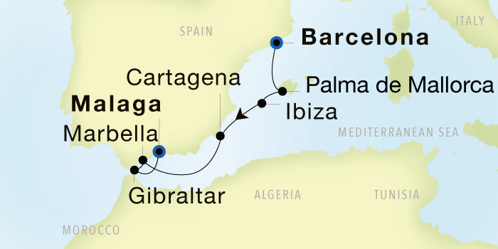 Barcelona to Malaga Luxury Cruise Itinerary Map