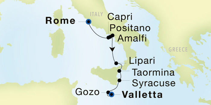 Rome (Civitavecchia) to Valletta Luxury Cruise Itinerary Map