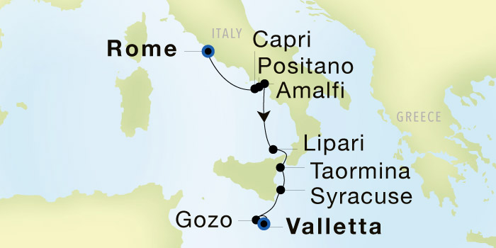 Rome (Civitavecchia) to Valletta Luxury Cruise Itinerary Map
