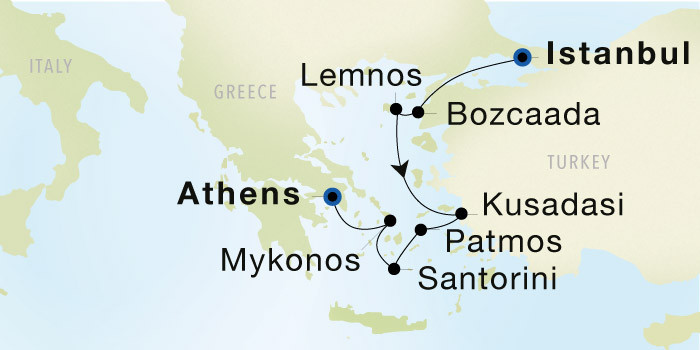 Istanbul to Athens (Piraeus) Luxury Cruise Itinerary Map
