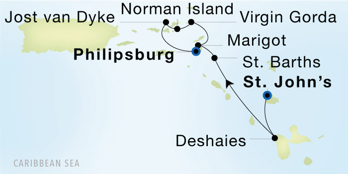 St. John's, Antigua to Philipsburg Luxury Cruise Itinerary Map