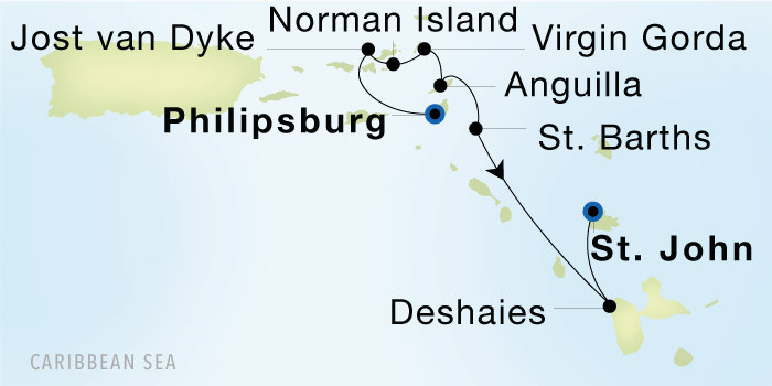 Philipsburg to St. John's, Antigua Luxury Cruise Itinerary Map