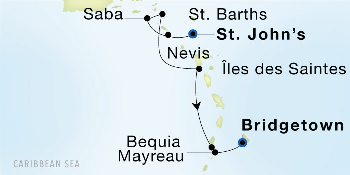 St. John's, Antigua to Bridgetown Luxury Cruise Itinerary Map