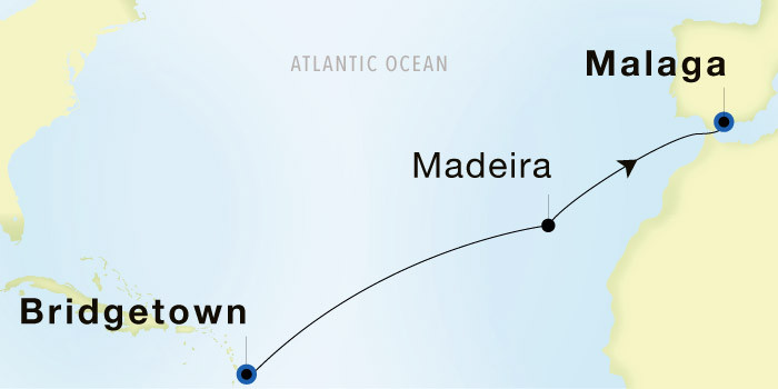 Bridgetown to Malaga Luxury Cruise Itinerary Map