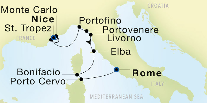 Nice to Rome (Civitavecchia) Luxury Cruise Itinerary Map