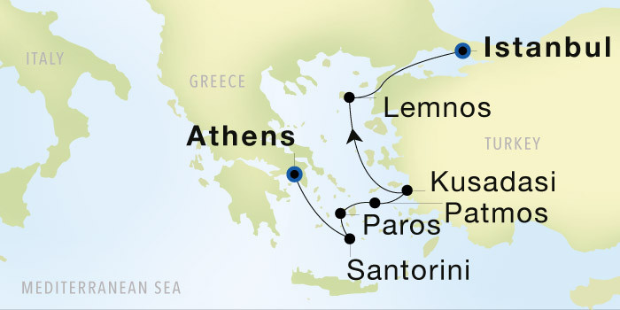 Athens (Piraeus) to Istanbul Luxury Cruise Itinerary Map