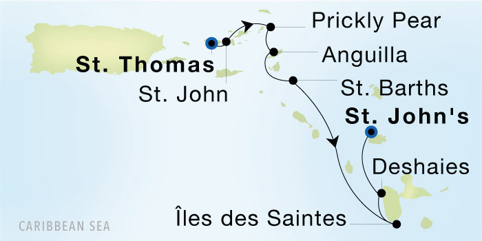 Charlotte Amalie, St. Thomas to St. John's, Antigua Luxury Cruise Itinerary Map