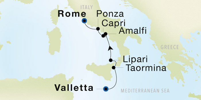 Valletta to Rome (Civitavecchia) Luxury Cruise Itinerary Map