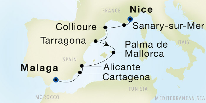 Nice to Malaga Luxury Cruise Itinerary Map