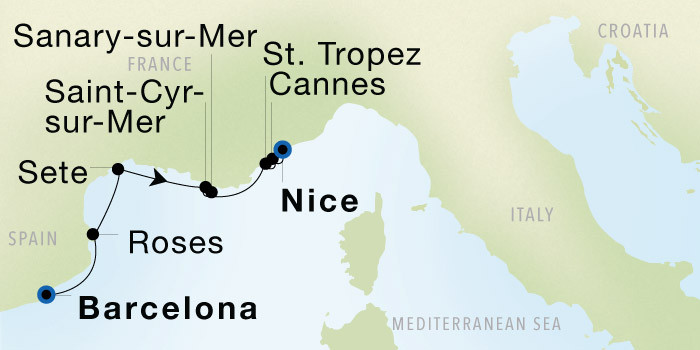 Barcelona to Nice Luxury Cruise Itinerary Map